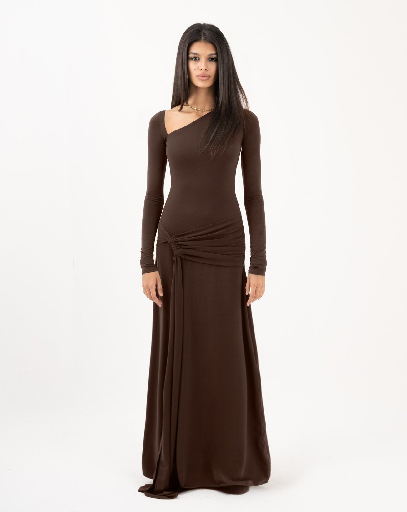 Miroir Maxi Asymmetric Neck Dress Brown